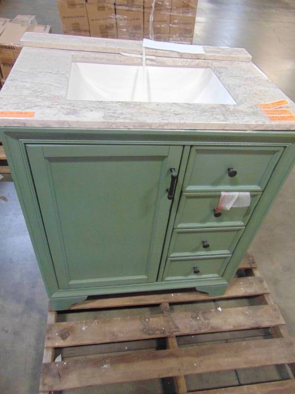 lot 81 image: Home Decorators Collection Hazelton 31 in. Vanity in Antique Green with Marble Vanity Top in Beige with White Basin 8203500610