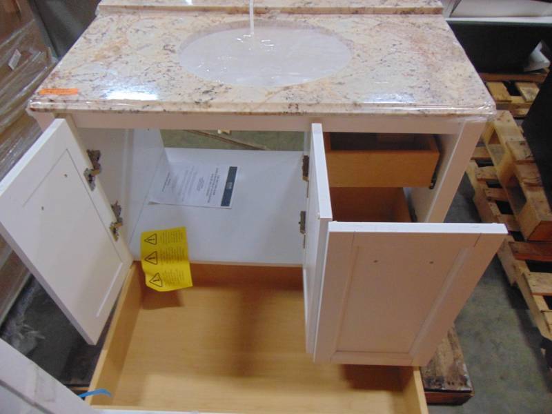 lot 90 image: Home Decorators Collection Claxby 37 in. W x 22 in. D x 37 in. H Vanity in White with Cultured Marble Vanity Top