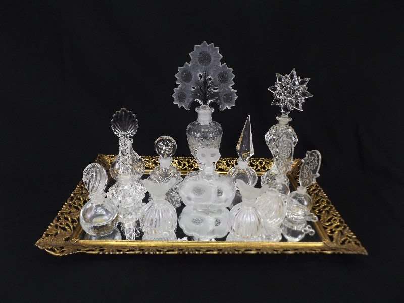 lot 5 image: Large Collection of Vintage and Antique Crystal Perfume Bottles on Dresser Tray