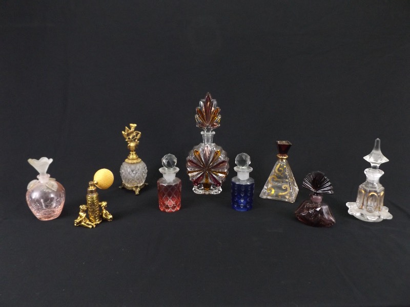 lot 6 image: Large Collection of Vintage Colored Crystal Perfume Bottles