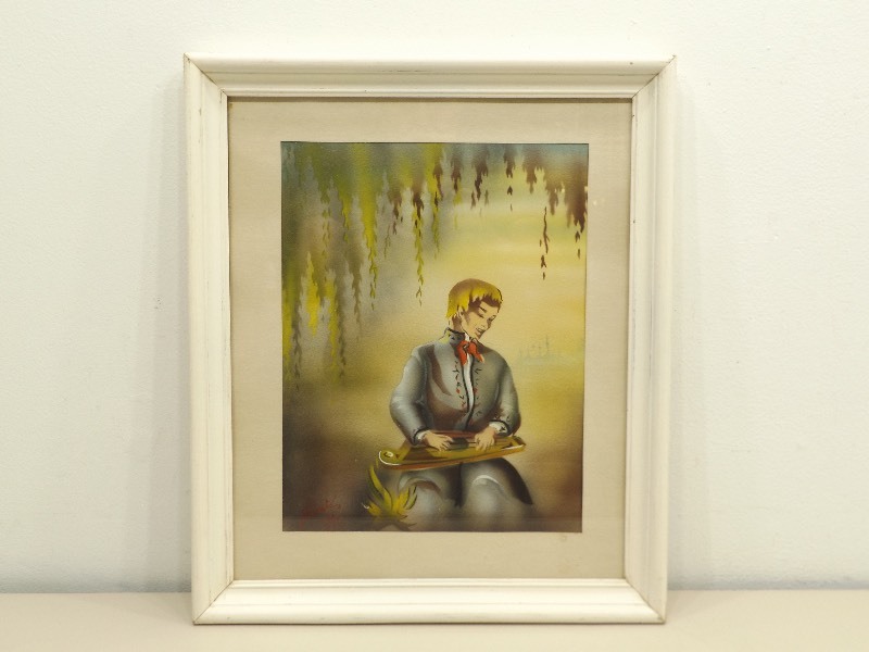 lot 23 image: 1963 Wood Framed and Signed Watercolor of an Asian Musician 