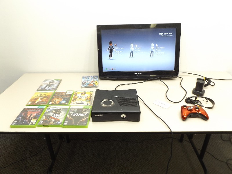 lot 26 image: WORKING Turnkey XBox 360, Games, Controllers, Dynex TV, and DVD Player