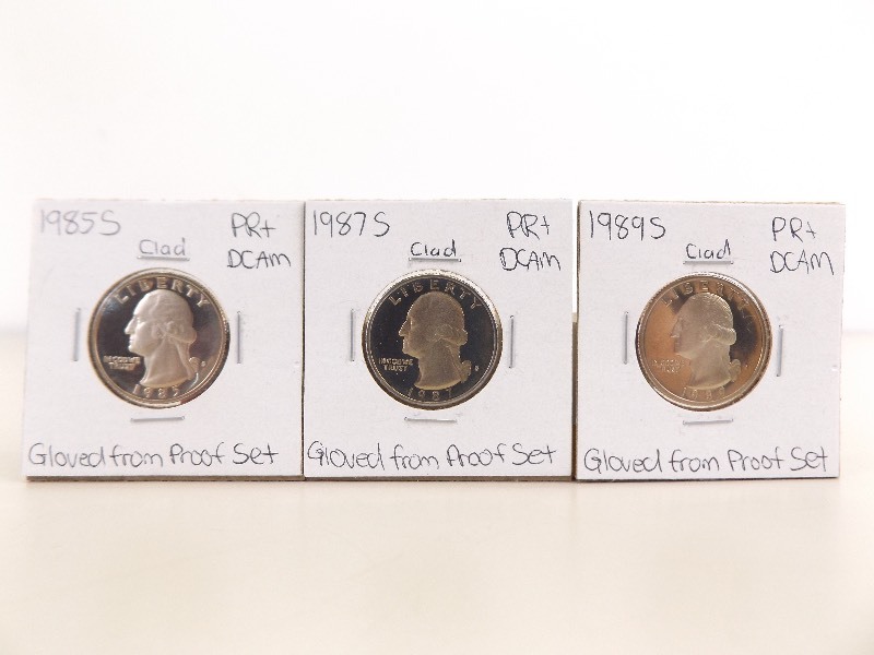 lot 86 image: 1985-S, 1987-S, and 1989-S High Grade Proof Washington Quarters