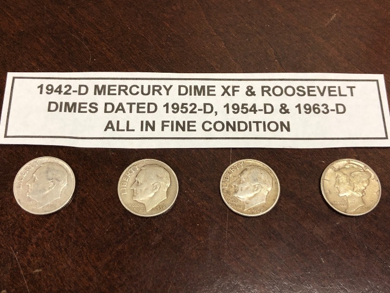 1942-D Mercury Dime & (3) Roosevelt Dimes