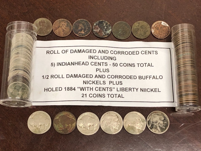 (1) Roll Of Damaged & Corroded Cents & (1) 12-Roll Of Damaged & Corroded Buffalo Nickels