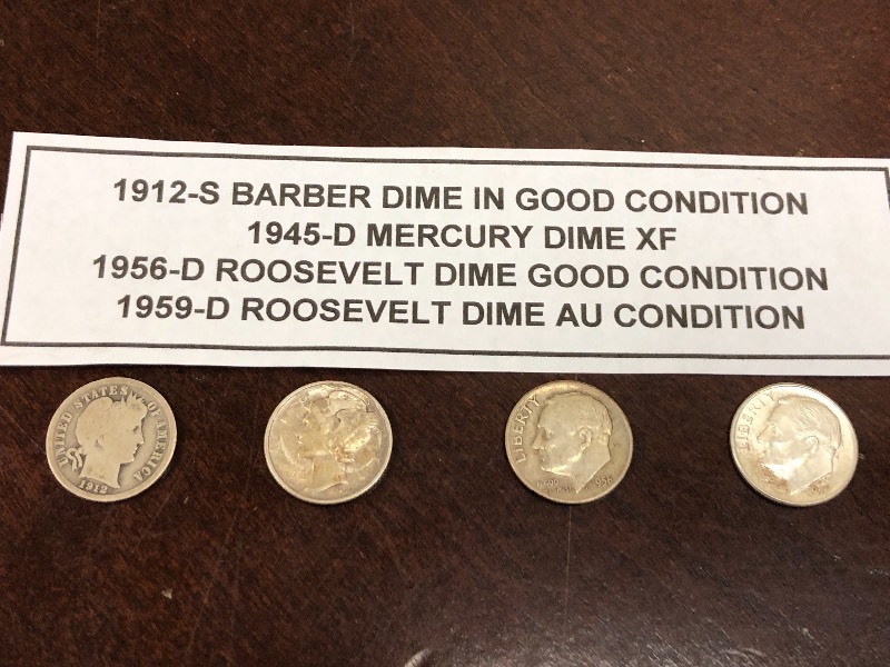 1912-S Barber Dime, 1945-D Mercury Dime, 1956-D Roosevelt Dime, 1959-D Roosevelt Dime