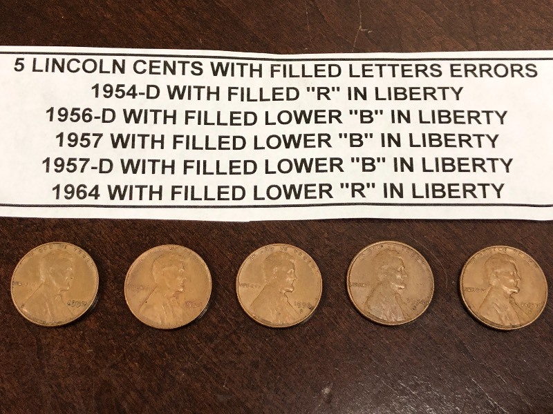 (5) Lincoln Cents With Filled Letter Errors
