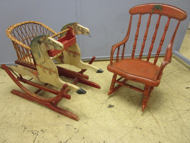 lot 715 image: VINTAGE ROCKING HORSE CHAIR AND CHILD ROCKING CHAIR