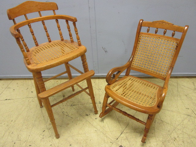 lot 717 image: SOLID WOOD HIGH CHAIR AND CHILD ROCKING CHAIR
