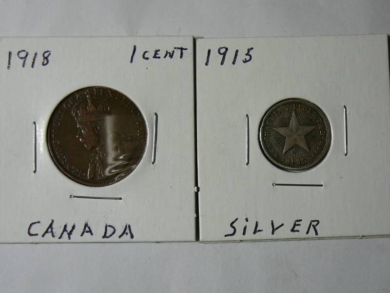 lot 113 image: 1915 Silver Patria y Libertad Republica De Cuba 1918 Canada 1 Cent