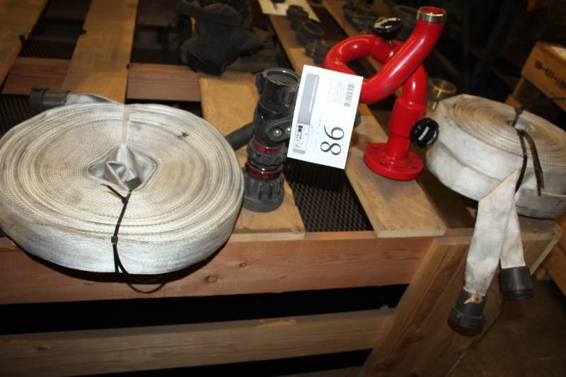 lot 86 image: Lot of (3) Potter Roemer Fire Pro 1-12in. Fire Hoses with Fire Hose Mount, Handle, Hardware