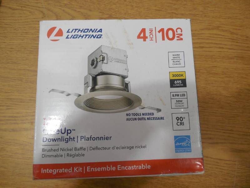 lot 12 image: (9) Lithonia Lighting One Up 4in. Brushed Nickel Integrated LED Kit