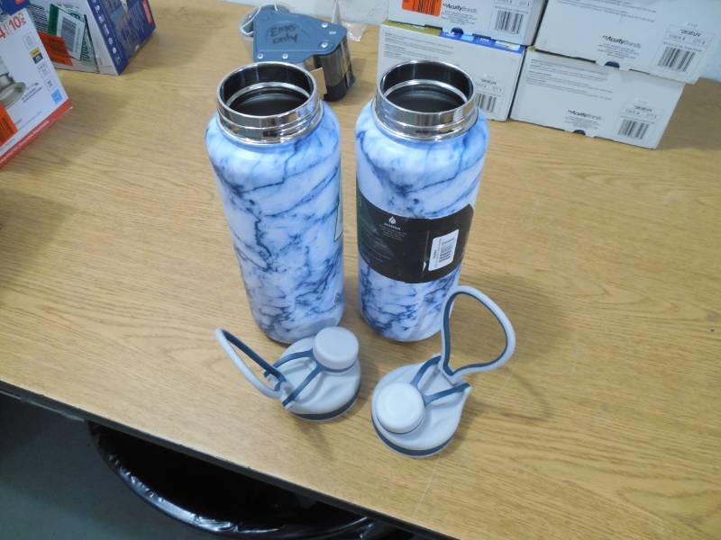 lot 17 image: (2) 40 oz. Blue Marble Stainless Steel Vacuum Insulated Bottle Thermose Leak-proof
