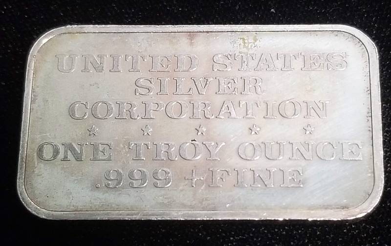 1 TROY OZ. .999 FINE SILVER BAR 1974 US SILVER CORP