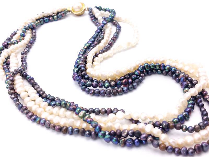 Unique Four Stand Tahitian Black Pearl and White Pearl Estate Necklace