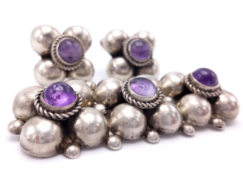 Beautiful Vintage Cabachon Amethyst Estate Earrings and Pin Set in Sterling Silver