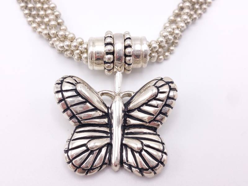 Gorgeous Multi-Strand Butterfly Motif Sterling Silver Estate Necklace 63.5 Grams