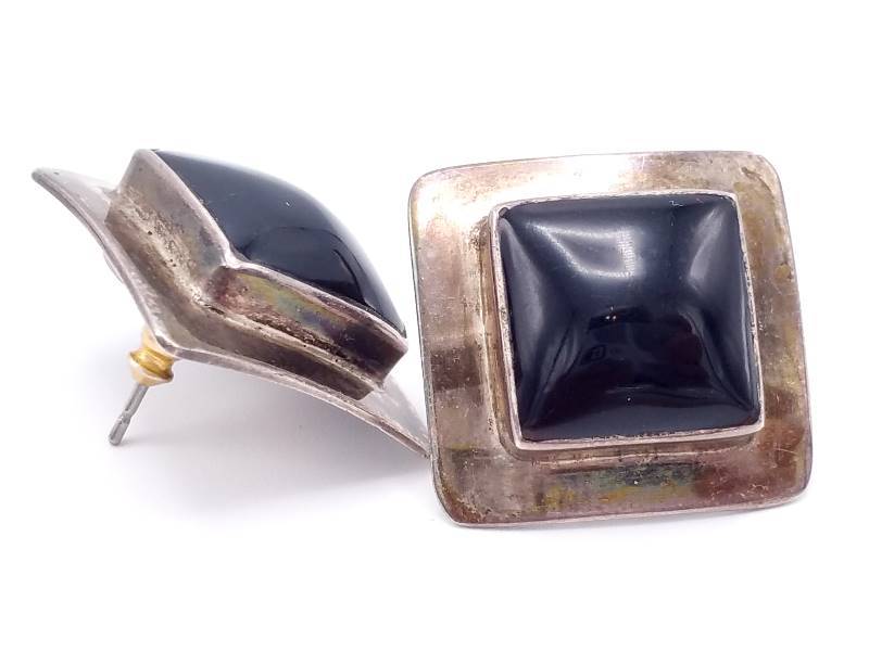 Vintage Southwestern Oynx and Mexican Sterling Silver Estate Earrings