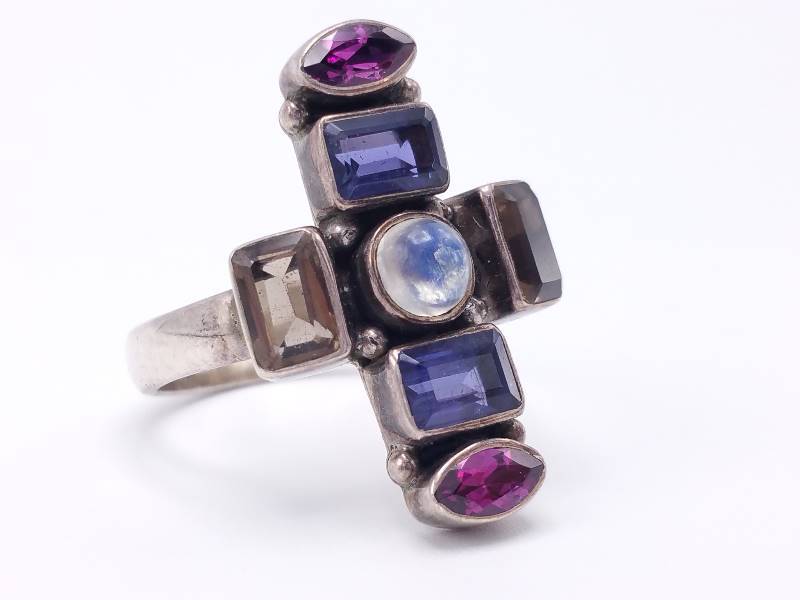 Cross Shaped Amethst, etc Estate Ring in Sterling Silver