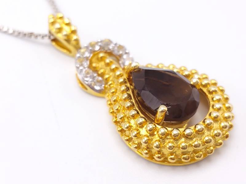 Ladies Smoky Quartz Necklace in Gold Covered Sterling Silver