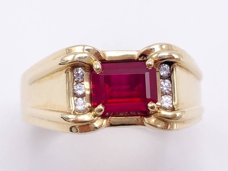 Stunning and Handsome Mens Red Tourmaline (Rubellite) and Diamond Estate Ring in 14k Yellow Gold 14.5 Grams