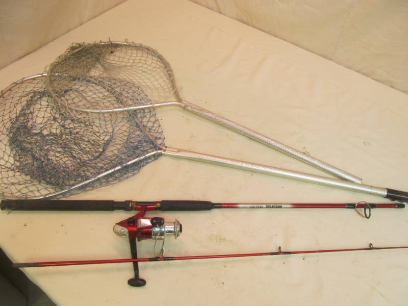 lot 77 image: fish landing nets, rod and reel