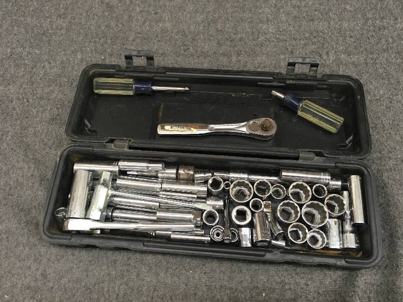 lot 12 image: Tool Box W Socket Wrenches, Socket Screwdrivers, & Sockets