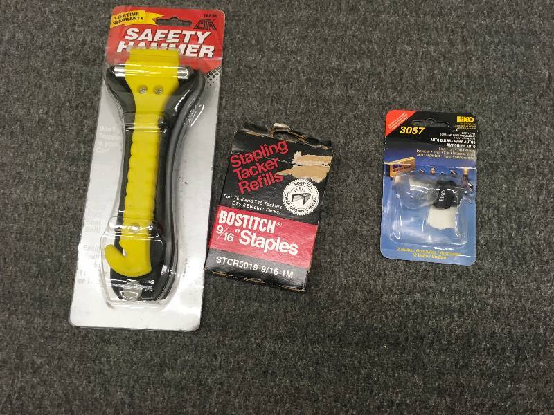 lot 76 image: Safety Hammer, Bostitch Staples, Eiko 3057 Auto Bulb