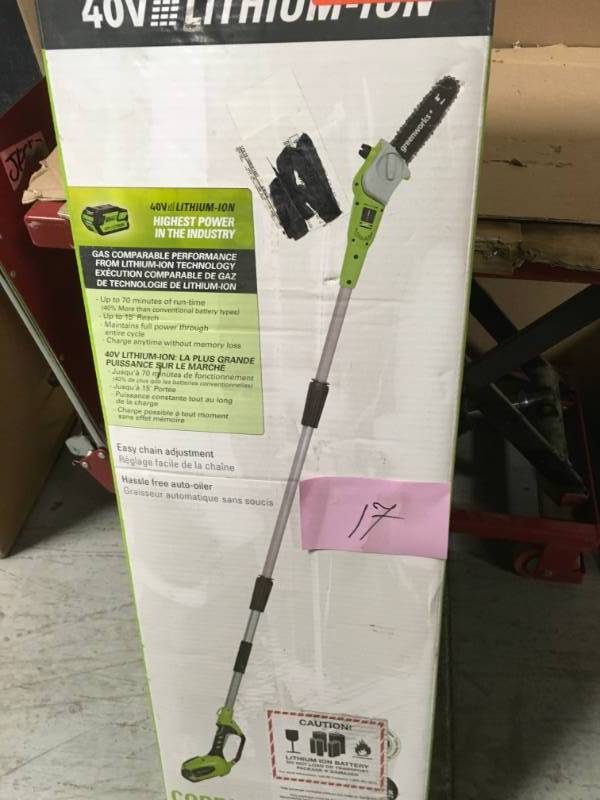 lot 17 image: Greenworks Lawn Equipment G-MAX 8 in. 40-Volt Electric Cordless Pole Saw with 2.- good condition 