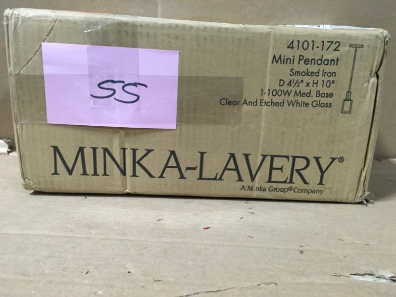 lot 55 image: Minka Lavery Parsons Studio 1-Light Smoked Iron Mini Pendant- good condition