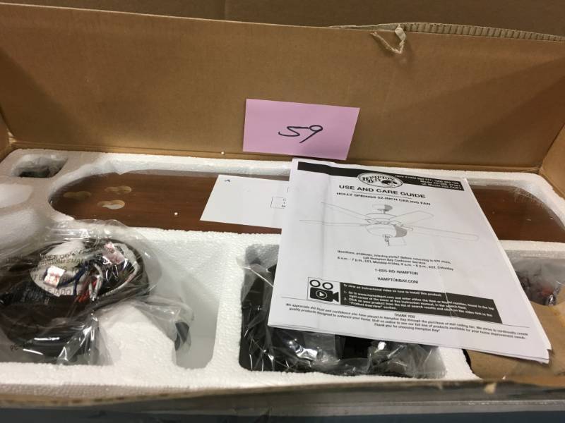 lot 59 image: Hampton Bay Holly Springs 52 in. LED Indoor Oil-Rubbed Bronze Ceiling Fan with Light Kit- good condition