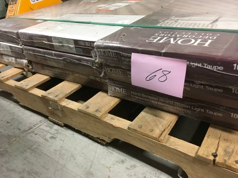lot 68 image: (9 boxes) Home Decorators Collection Hand Scraped Strand Woven Light Taupe 38 in. T x 5-18 in. W x 36 in. L Engineered Click Bamboo Flooring- not used