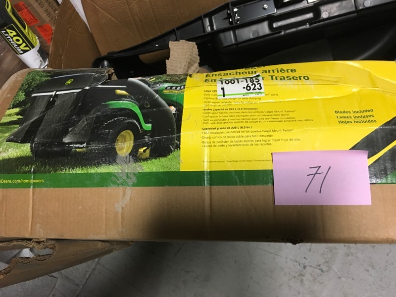 lot 71 image: John Deere 42 in. Twin Bagger for 100 Series Tractors- not used