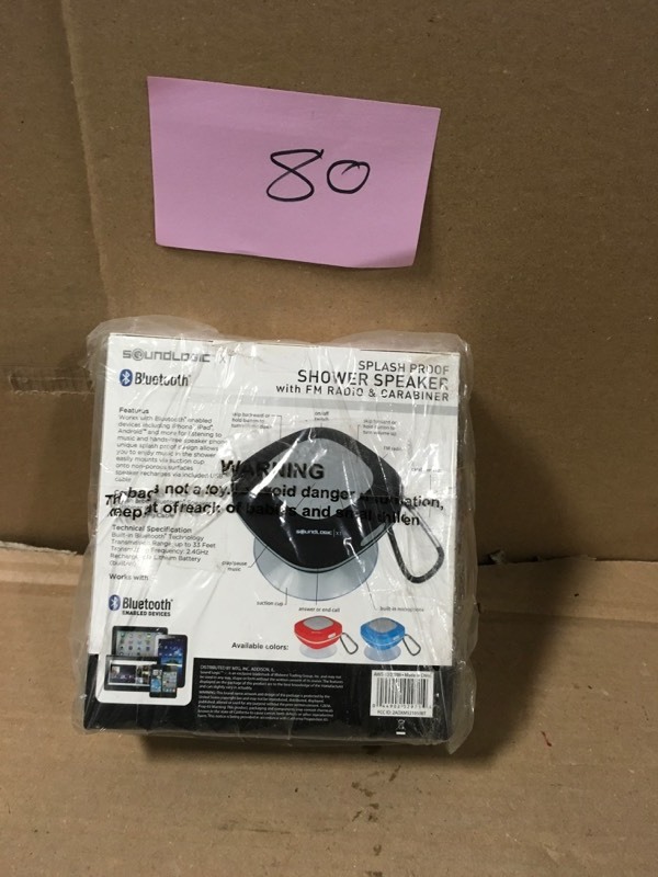 lot 80 image: Bluetooth Shower Speaker with FM Radio and Carabiner in Black- not used