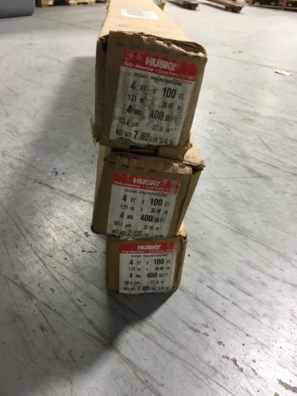 lot 91 image: (Lot of 3) HUSKY 4 ft. x 100 ft. Clear 4 mil Single-Wound Plastic Sheeting- not used