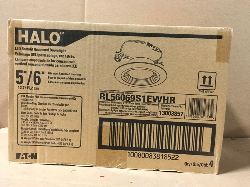 lot 107 image: (Pack of 4) Halo RL 5 in. and 6 in. White Integrated LED Recessed Ceiling Light Trim at Selectable CCT (2700K-5000K), (665 Lumens)- not used