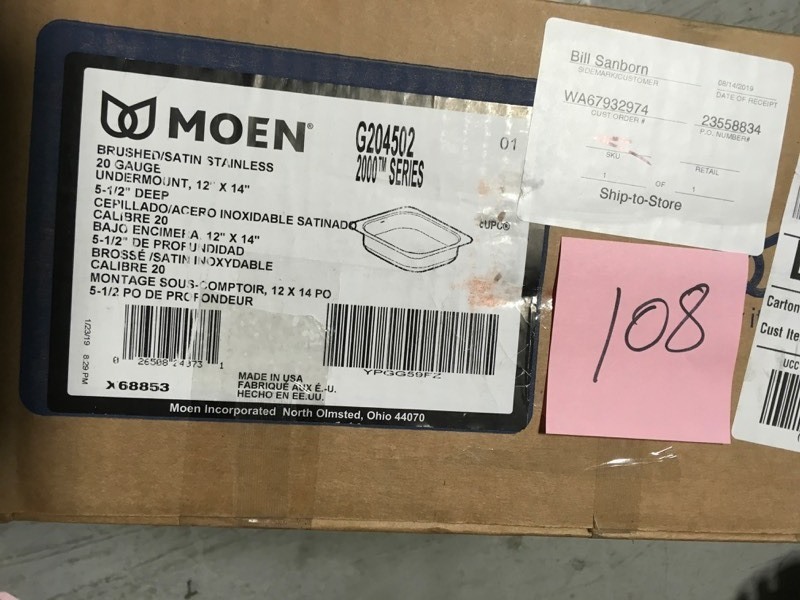 lot 108 image: Moen G204502 12 in.x14 in. stainless steel 20 gauge single bowl sink- not used