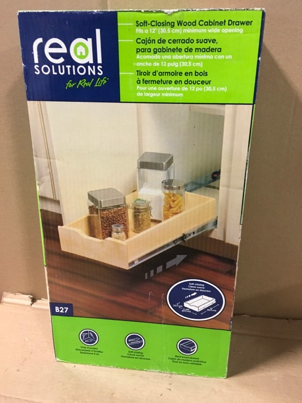 lot 110 image: Real Solutions for Real Life 5 in. H x 12 in. W 22 in. D Soft-Close Wood Drawer Box Pull-Out Cabinet Organizer- good condition
