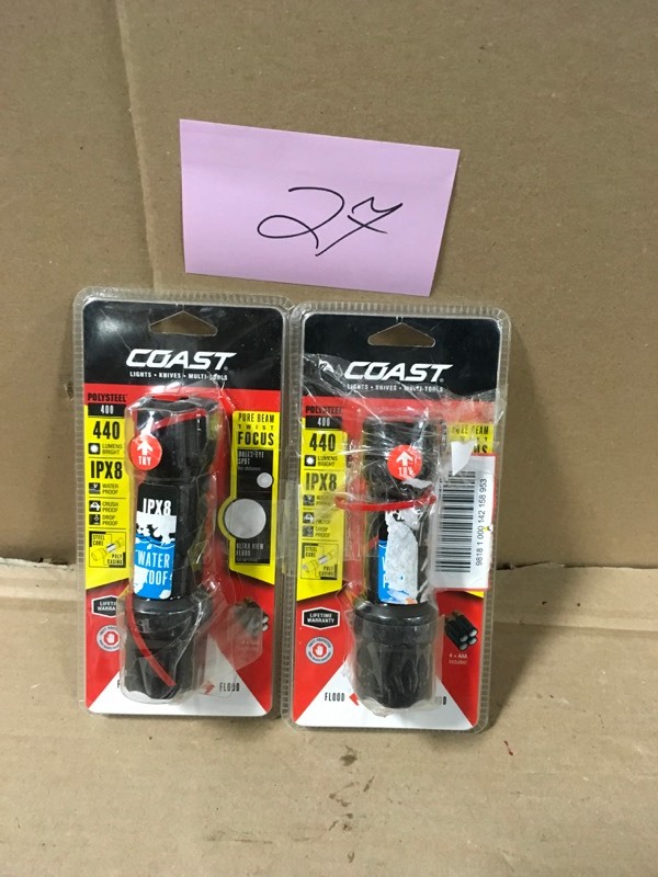 lot 27 image: (Lot of 2) Coast Polysteel 400 Heavy Duty 440 Lumen Waterproof LED Flashlight with Twist Focus- open box