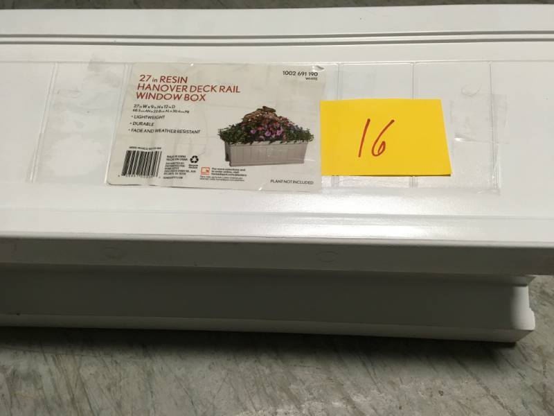 lot 16 image: Hanover 27 in. White Resin Beadboard Deck Rail Planter- not used
