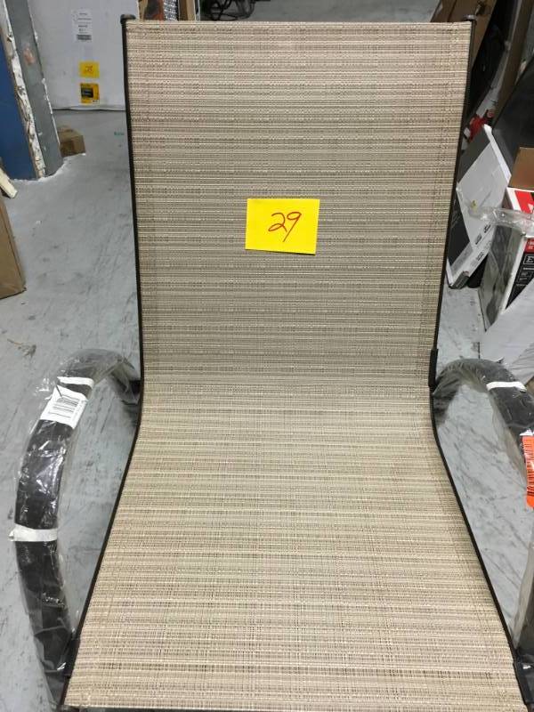 lot 29 image: Hampton Bay Mix and Match Stackable Sling Outdoor Dining Chair in Cafe- good condition