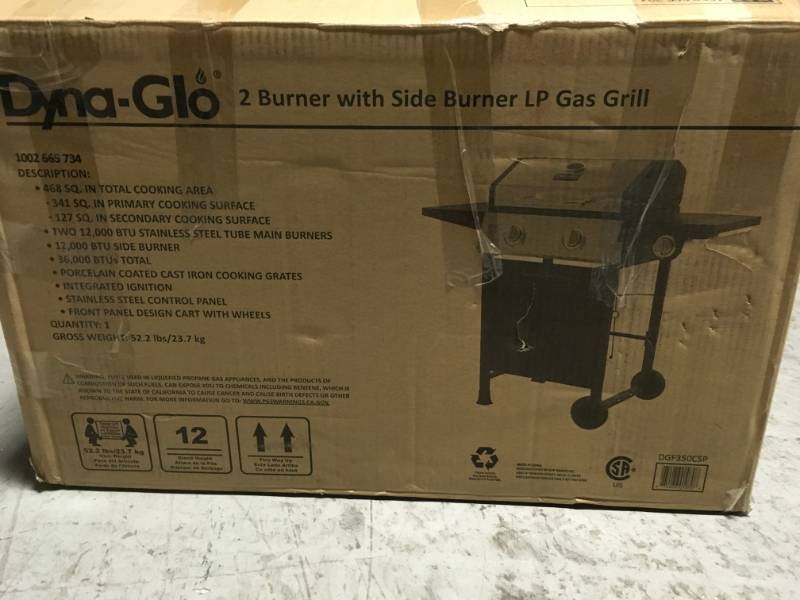 lot 30 image: Dyna-Glo 2-Burner Open Cart Propane Gas Grill in Stainless Steel and Black with Side Burner  MISSING PARTS