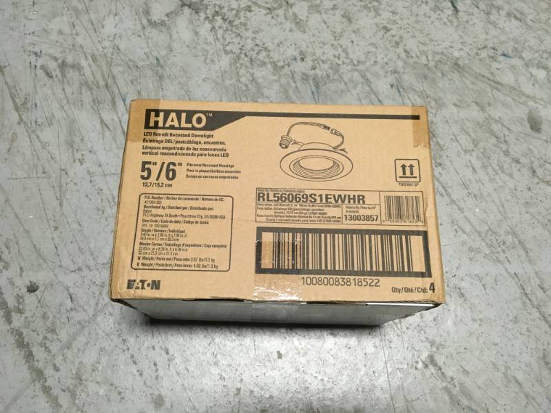 lot 34 image: (Pack of 4) Halo RL 5 in. and 6 in. White Integrated LED Recessed Ceiling Light Trim at Selectable CCT (2700K-5000K), (665 Lumens)