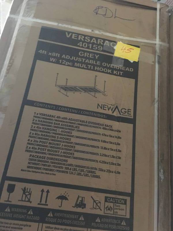 lot 45 image: NewAge Products VersaRac 42 in. H x 48 in. W x 96 in. D Adjustable Height Garage Ceiling Mounted Storage Unit in Gray w12-Piece Hooks- not used