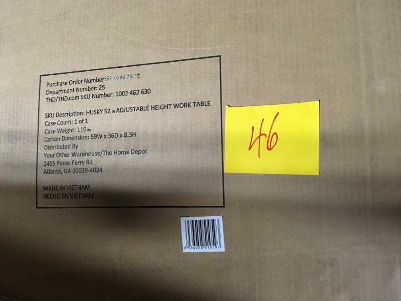 lot 46 image: Husky 52 in. Adjustable Height Work Table- not used