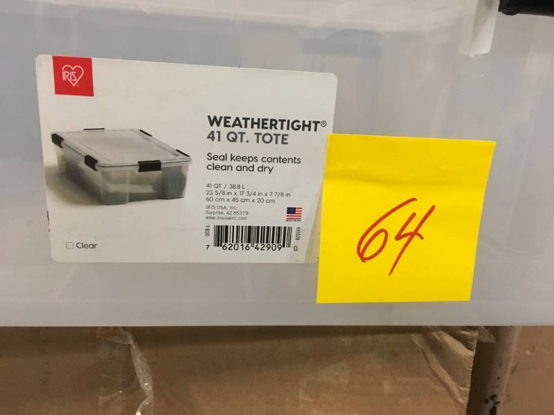 lot 64 image: IRIS 41 Qt. Weather Tight Storage Box in Clear- not used