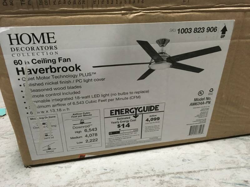 lot 79 image: Home Decorators Collection Haverbrook 60 in. LED Polished Nickel Ceiling Fan with Light- not used