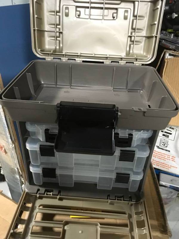 lot 100 image: Plano Stow N Go 39-Compartment Rack with 3 Small Parts Organizer- not used
