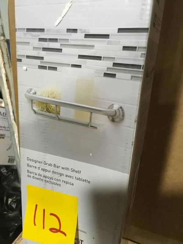 lot 112 image: MOEN 16 in. x 1 in. Screw Grab Bar with Shelf with Press and Mark in Brushed Nickel- not used