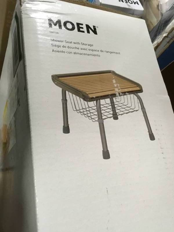 lot 119 image: MOEN 18.90 in. W x 15 in. D Faux Teak Tub and Shower Seat with Underneath Storage
